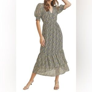 Lush Floral Smocked Bust Bubble Sleeve Ruffle Midi Dress